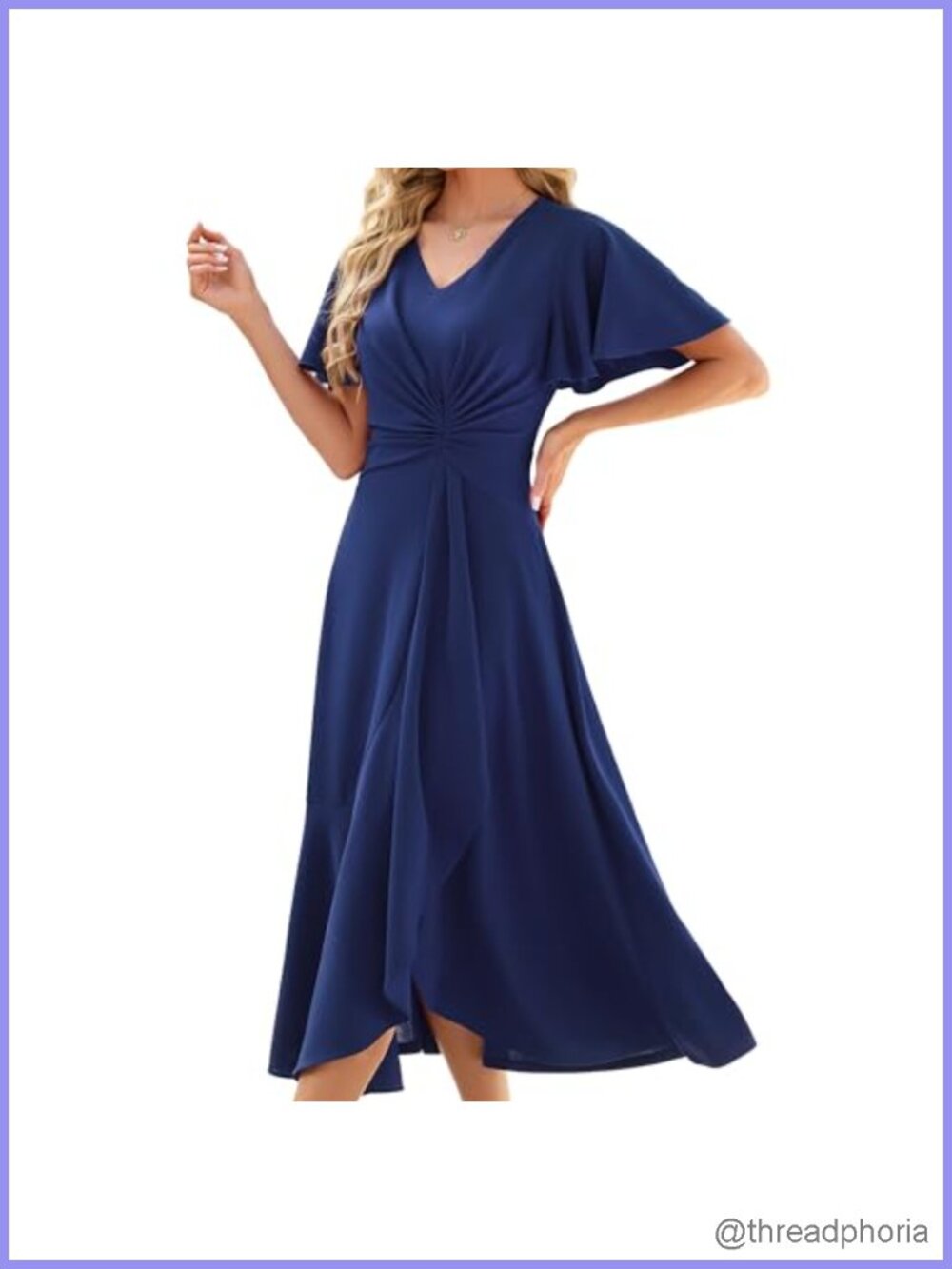 Women's V-Neck Formal Evening Gown Pleated Ruffled Sleeve Midi Dress